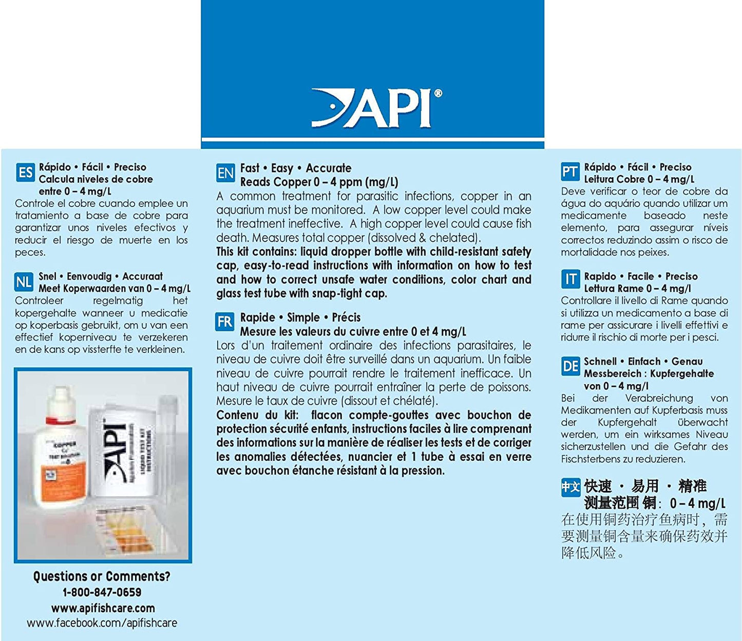 API Copper Cu+ Test Kit Monitor Copper when Medicating in Freshwater and Saltwater Aquariums