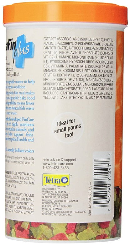 Tetra TetraFin Plus Goldfish Flakes Fish Food with Algae Meal to Promote Growth