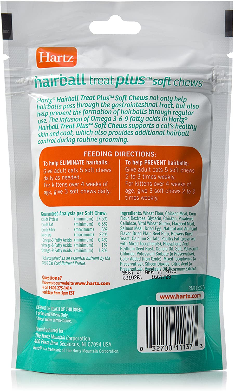 Hartz Hairball Remedy Plus Soft Chews for Cats and Kittens Savory Chicken Flavor