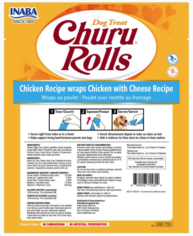 Inaba Churu Rolls Dog Treat Chicken Recipe wraps Chicken with Cheese Recipe