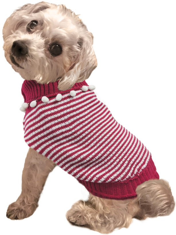 Fashion Pet Pom Pom Stripe Dog Sweater Raspberry